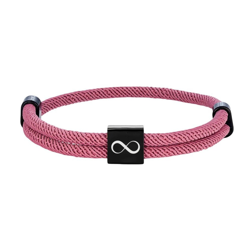 Bracelet cordon rose foncé avec plaque acier inoxydable noire gravée du signe infini, ajustable.