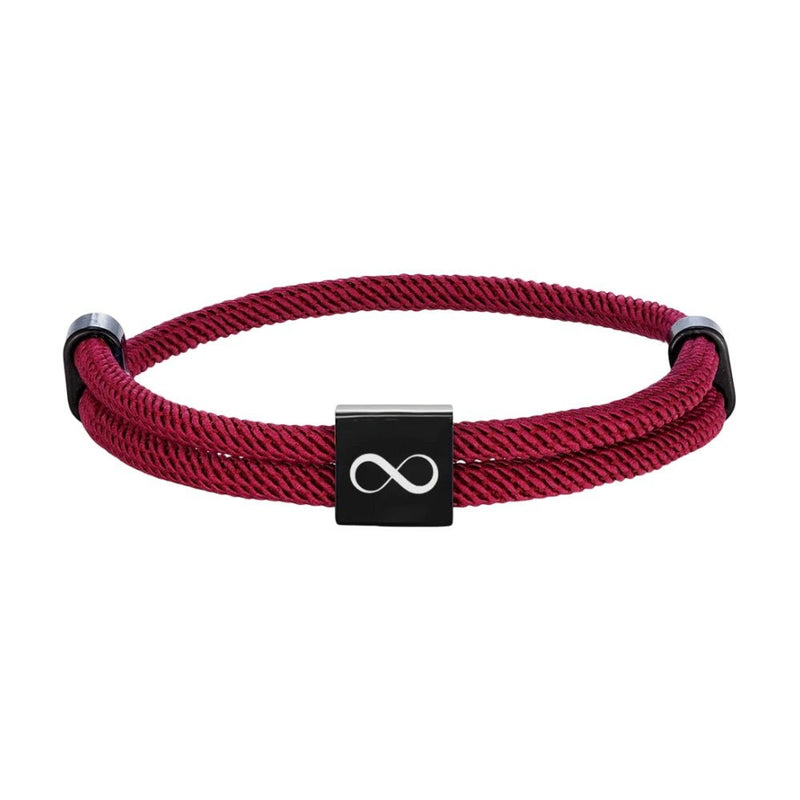 Bracelet cordon rouge bordeaux ajustable avec plaque acier inoxydable signe infini noir.