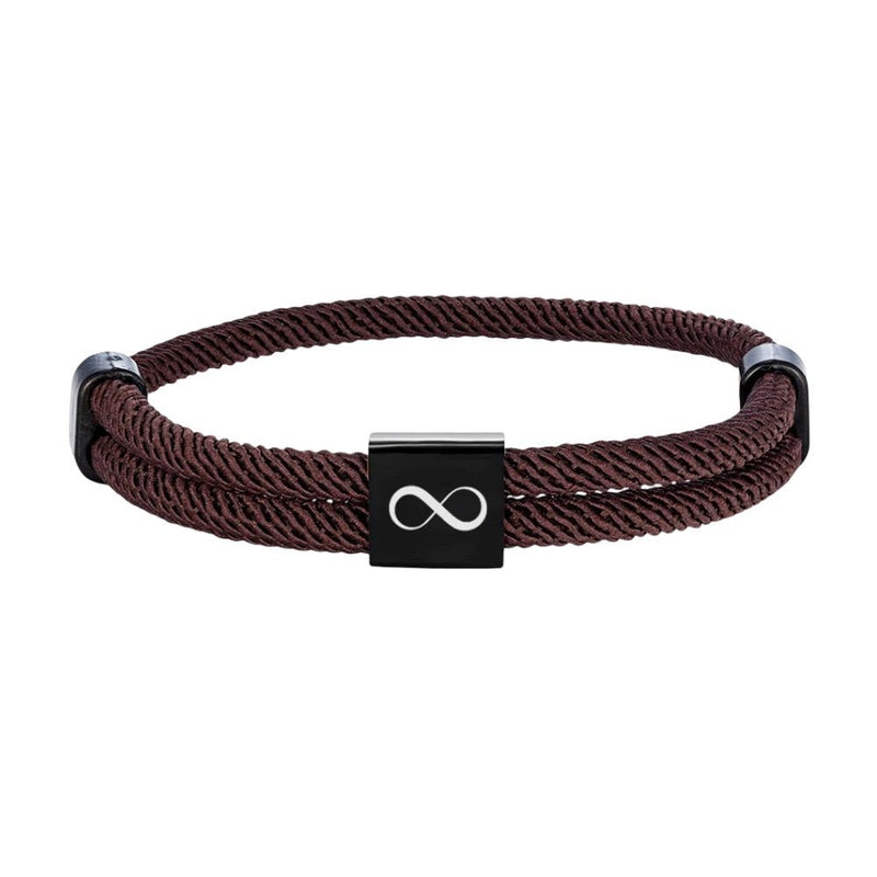 Bracelet cordon marron avec plaque acier inoxydable noire gravée d'un signe infini.