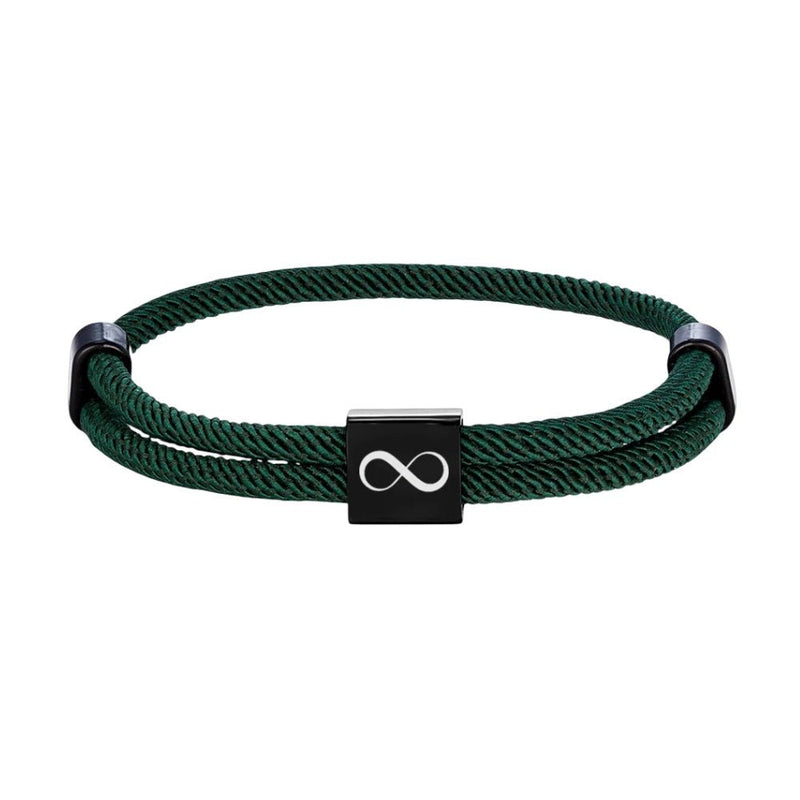 Bracelet cordon vert foncé ajustable avec plaque noire en acier inoxydable et symbole infini blanc.