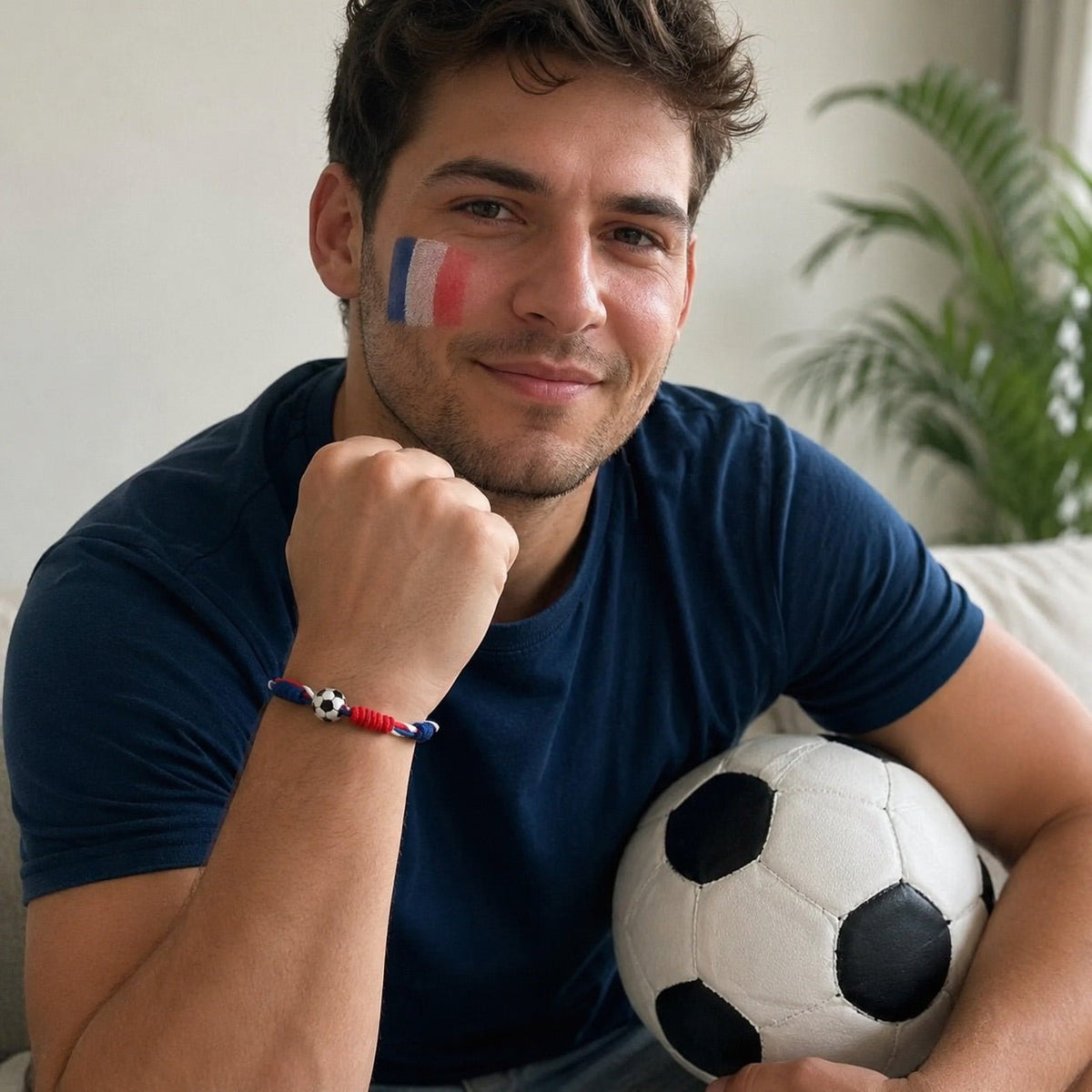 Geflochtenes Armband mit dreifarbiger Kordel, Fußball-Charm aus Edelstahl, Modell Kylian