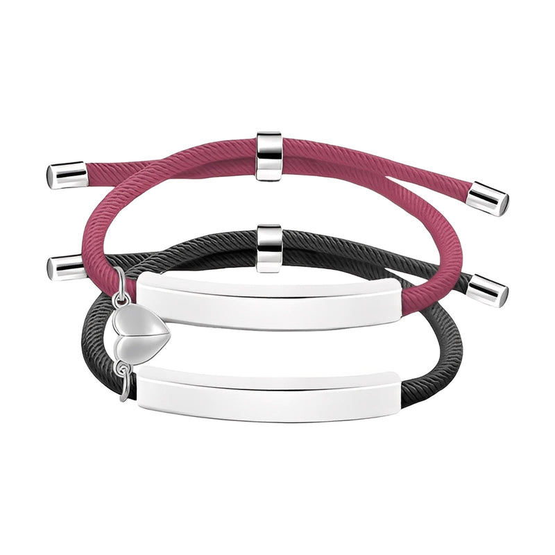 Bracelet couple corde rose et noir avec plaques acier inoxydable et cœur magnétique gravable.
