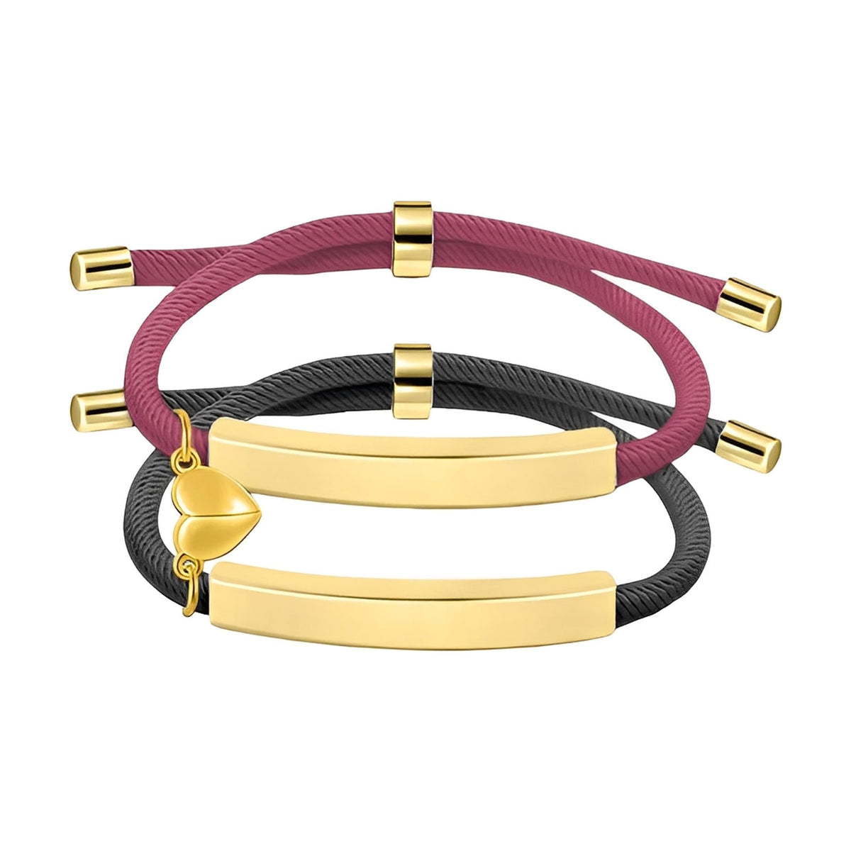 Bracelets couple corde rose et noir avec plaques gravables en acier inoxydable doré et cœur aimanté doré suspendu.