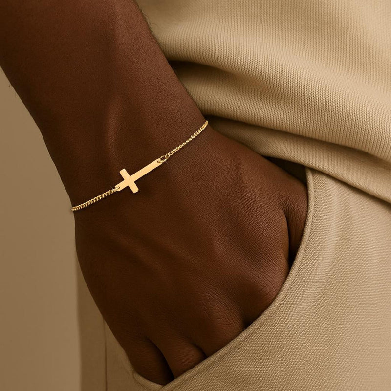 Bracelet croix gravable en acier inoxydable, chaîne fine ajustable, symbole personnel à porter chaque jour, modèle Shilore