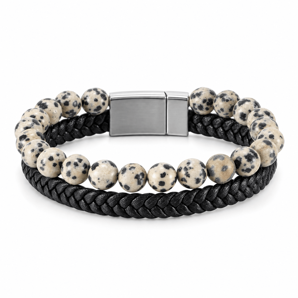 Packshot studio bracelet Ancourt Jaspe dalmatien, vue de face sur fond blanc.