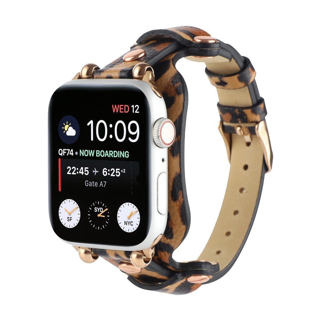 Bracelet cuir Apple Watch, manchette large à boucle ardillon, design moderne avec rivets acier, modèle Riveira