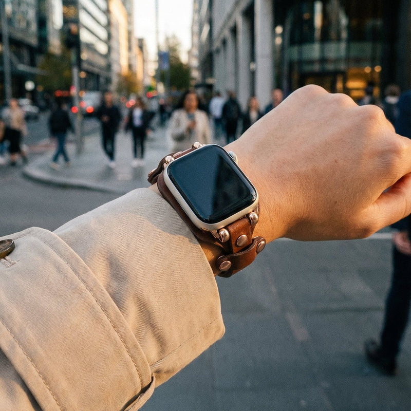 Bracciale in pelle per Apple Watch, polsino largo con fibbia ad ardiglione, design moderno con borchie in acciaio, modello Riveira