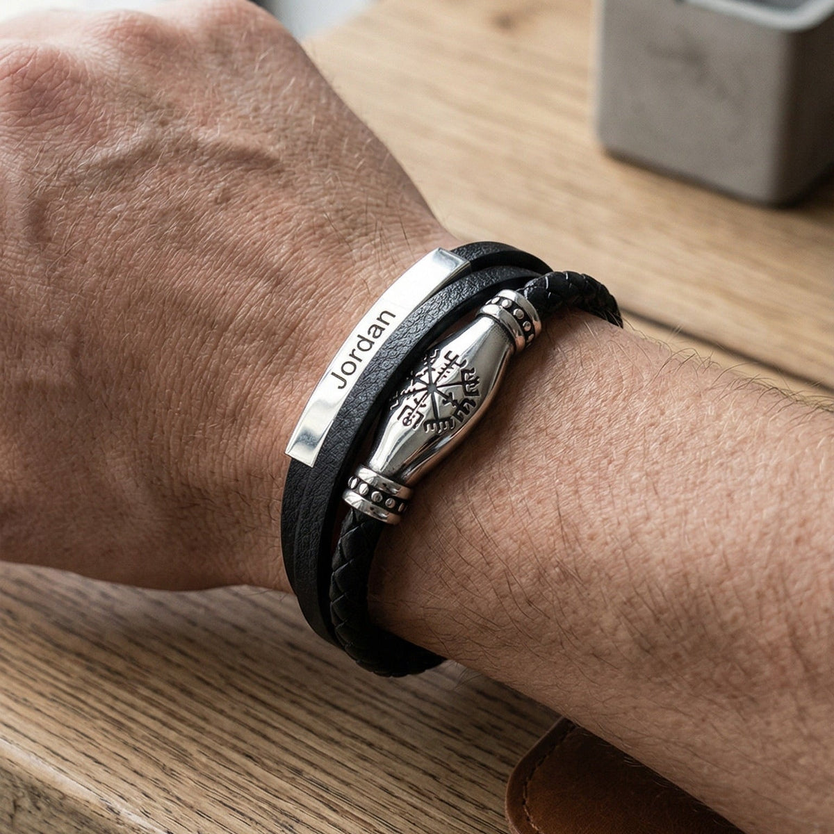 Men's Multi-Strand Leather Bracelet with Engraved Viking Symbol, Braided Leather Bracelet with Customizable Stainless Steel Plate, Vilfrid Model