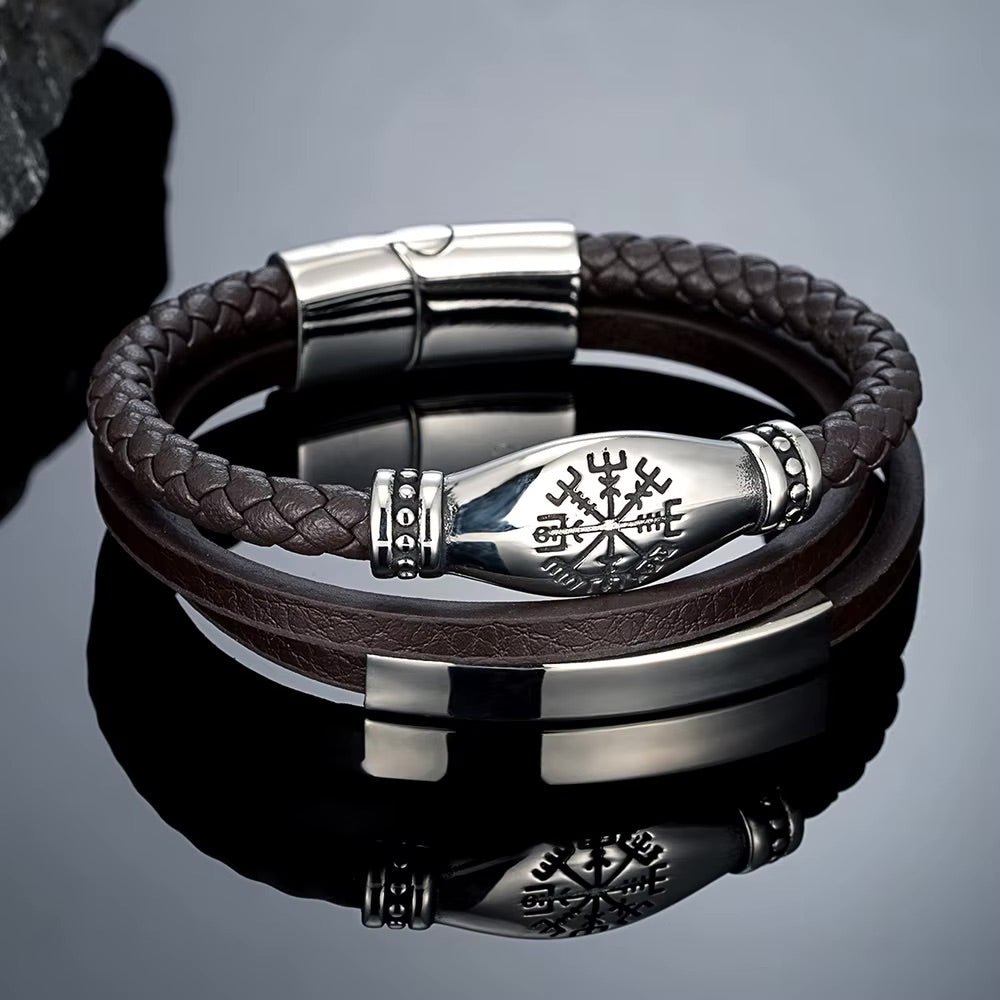 Men's Multi-Strand Leather Bracelet with Engraved Viking Symbol, Braided Leather Bracelet with Customizable Stainless Steel Plate, Vilfrid Model
