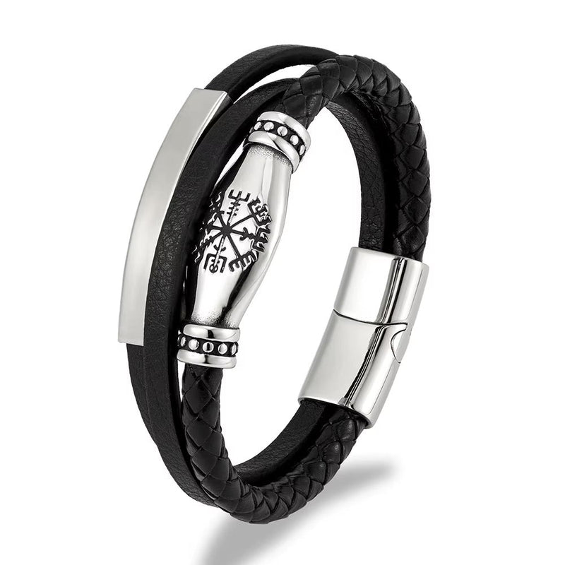 Bracelet cuir homme multi rangs avec symbole viking gravé, bracelet cuir tressé et plaque acier inoxydable personnalisable, modèle Vilfrid