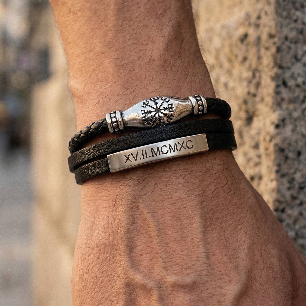 Men's Multi-Strand Leather Bracelet with Engraved Viking Symbol, Braided Leather Bracelet with Customizable Stainless Steel Plate, Vilfrid Model