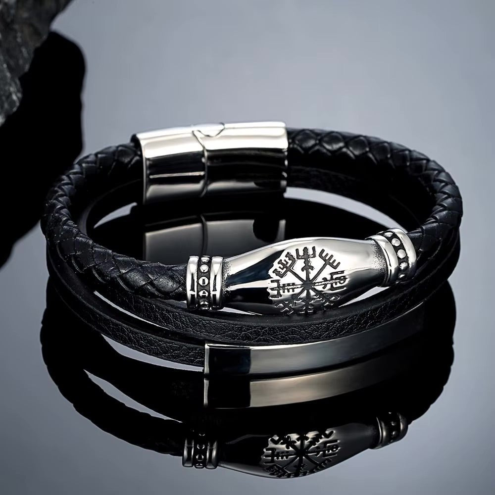 Men's Multi-Strand Leather Bracelet with Engraved Viking Symbol, Braided Leather Bracelet with Customizable Stainless Steel Plate, Vilfrid Model