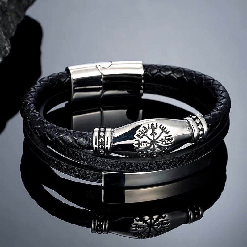 Bracelet cuir homme multi rangs avec symbole viking gravé, bracelet cuir tressé et plaque acier inoxydable personnalisable, modèle Vilfrid