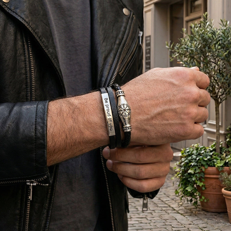Bracelet cuir homme multi rangs avec symbole viking gravé, bracelet cuir tressé et plaque acier inoxydable personnalisable, modèle Vilfrid