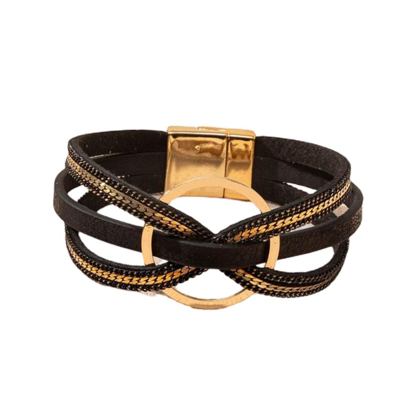 Bracelet cuir multi rangs, anneau central doré, fermoir magnétique, style bohème chic moderne, modèle Satia