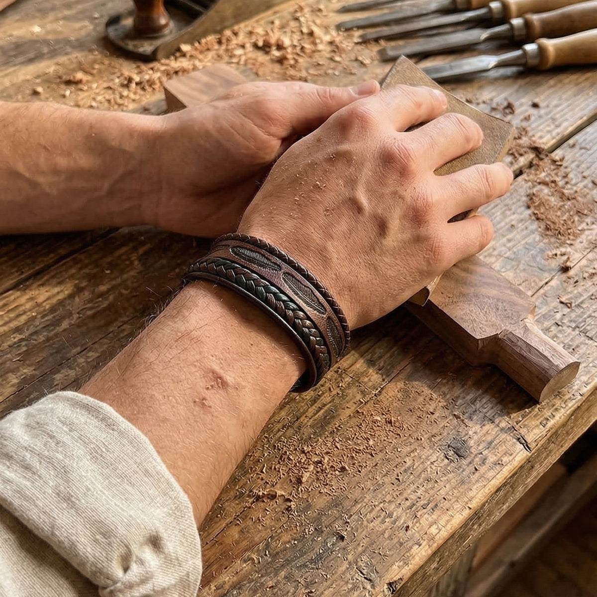 Multi-strand braided bracelet, engraved feather design, magnetic clasp, for men, Greg model