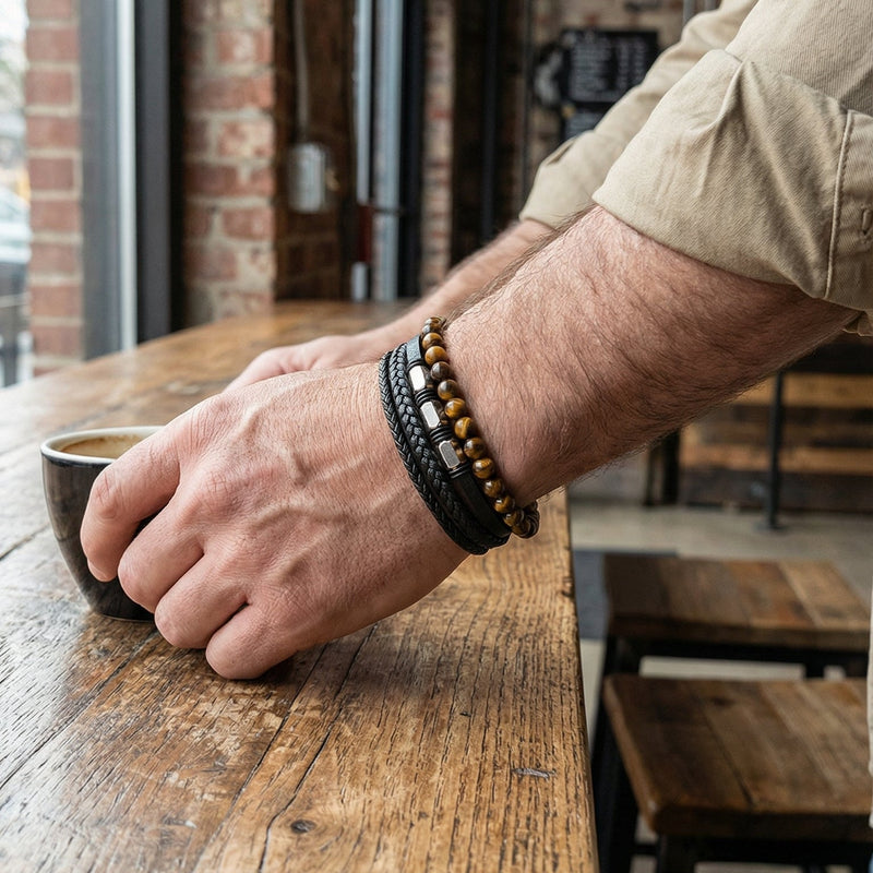 Gepersonaliseerde armband van zwart leer met meerdere lagen en natuurstenen kralen, magneetsluiting van roestvrij staal, moderne en uitgesproken stijl, model Bastio