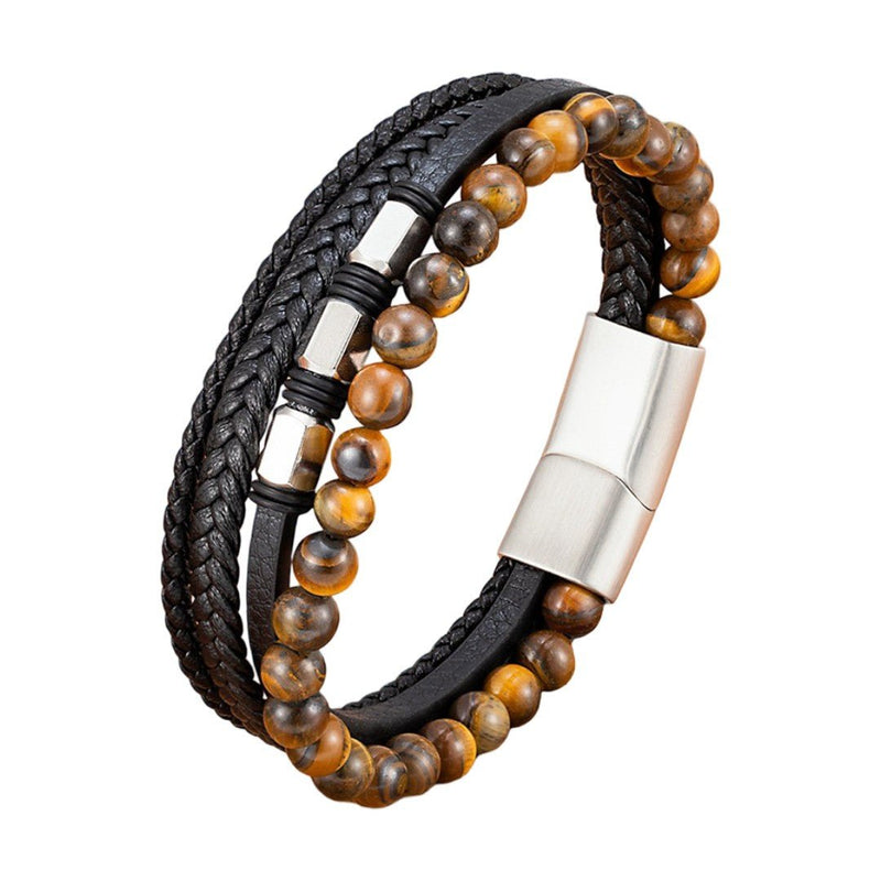 Pulseira de couro preto com várias voltas e contas de pedra natural, fecho magnético em aço inoxidável, estilo moderno e marcante, modelo Bastio