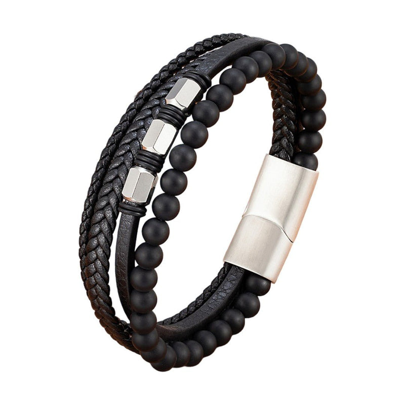 Gepersonaliseerde armband van zwart leer met meerdere lagen en natuurstenen kralen, magneetsluiting van roestvrij staal, moderne en uitgesproken stijl, model Bastio