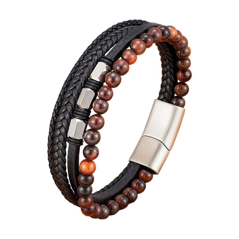 Gepersonaliseerde armband van zwart leer met meerdere lagen en natuurstenen kralen, magneetsluiting van roestvrij staal, moderne en uitgesproken stijl, model Bastio