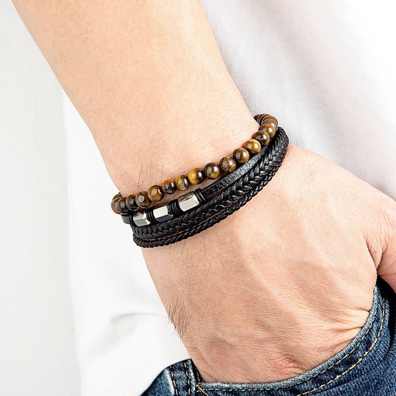 Pulseira de couro preto com várias voltas e contas de pedra natural, fecho magnético em aço inoxidável, estilo moderno e marcante, modelo Bastio