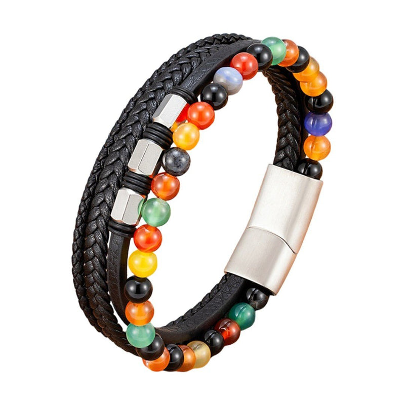 Pulseira de couro preto com várias voltas e contas de pedra natural, fecho magnético em aço inoxidável, estilo moderno e marcante, modelo Bastio