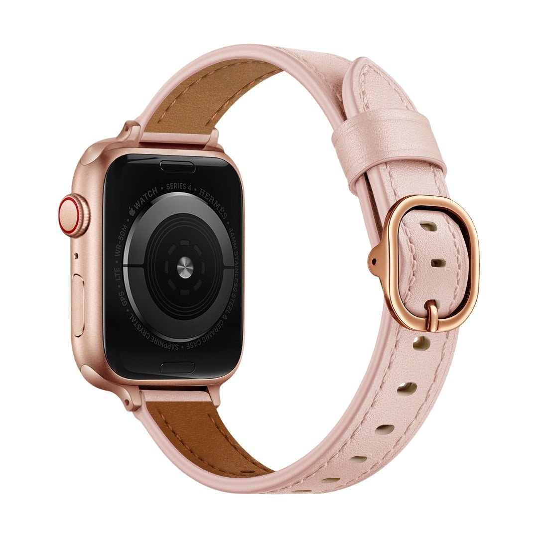 Bracelet Apple Watch en cuir pleine fleur rose pâle avec boucle ovale dorée élégante.