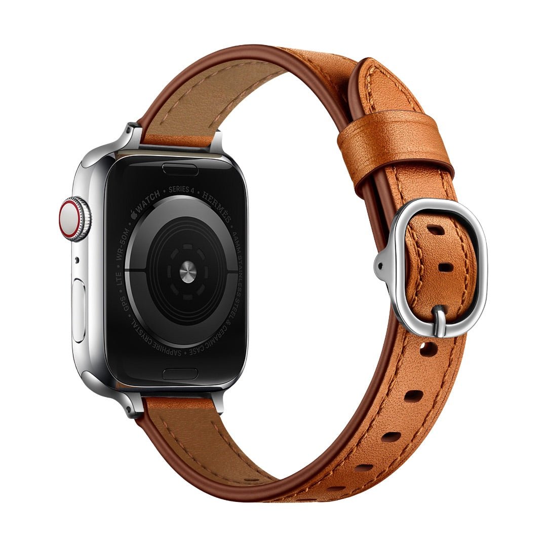 Bracelet en cuir pleine fleur marron clair pour Apple Watch avec boucle ovale argentée élégante.
