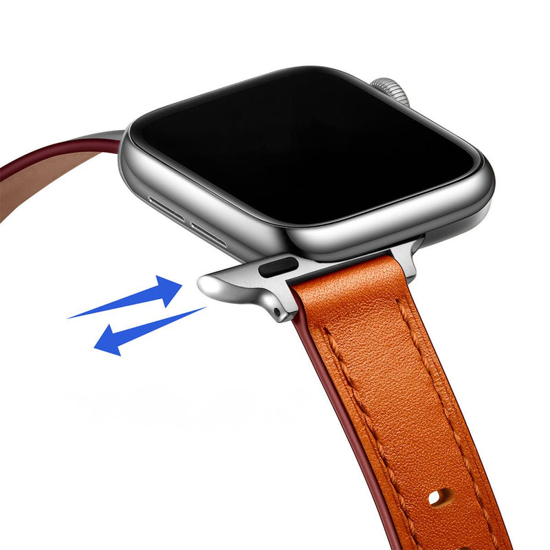 Bracelet en cuir pleine fleur orange avec boucle ovale pour Apple Watch argentée, finitions élégantes.