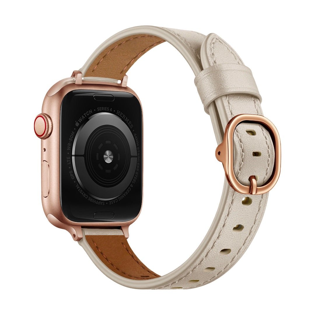 Bracelet en cuir pleine fleur beige clair avec boucle ovale métallique rose doré pour Apple Watch.