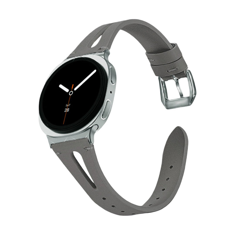 Bracelet en cuir souple gris pour Galaxy Watch 8 et Ultra 47mm, boucle classique argentée, design moderne et ergonomique.
