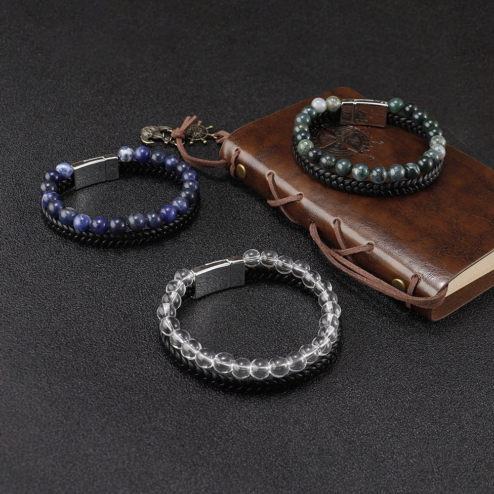 Bracelet tressé en cuir noir avec pierres naturelles bleues et fermoir magnétique en acier inoxydable.