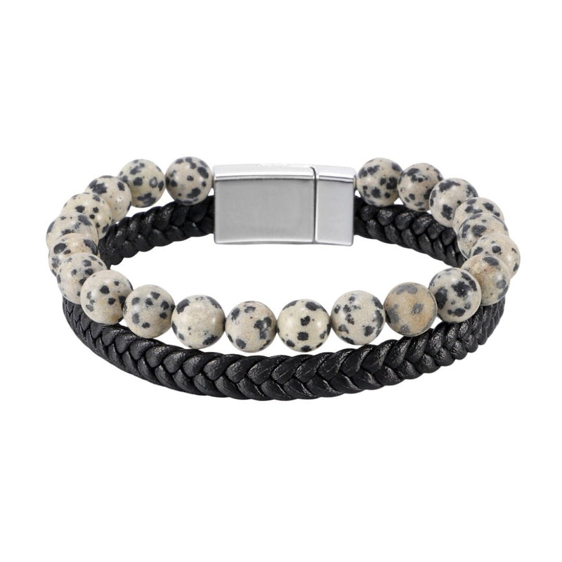 Bracelet double tour en cuir noir tressé et perles naturelles beige à motifs noirs, fermoir magnétique acier gris mat.