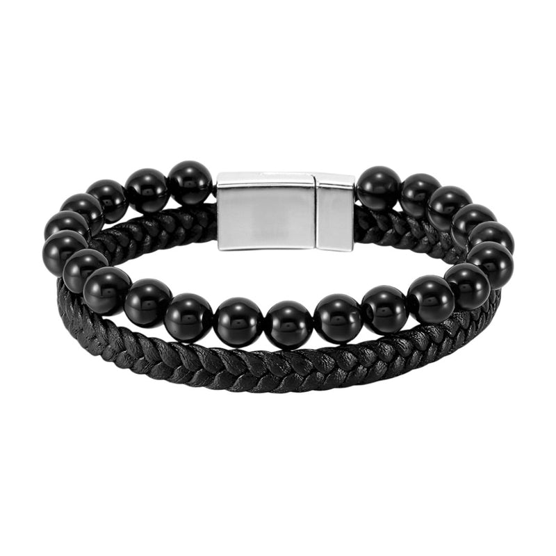 Bracelet homme noir avec perles naturelles rondes et bande de cuir tressé, fermoir magnétique acier inoxydable.