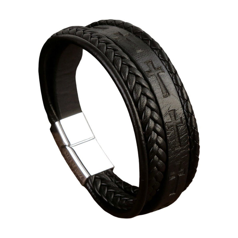 Bracelet cuir tressé multi rangs avec croix, fermoir magnétique acier, style masculin affirmé, modèle Yadère