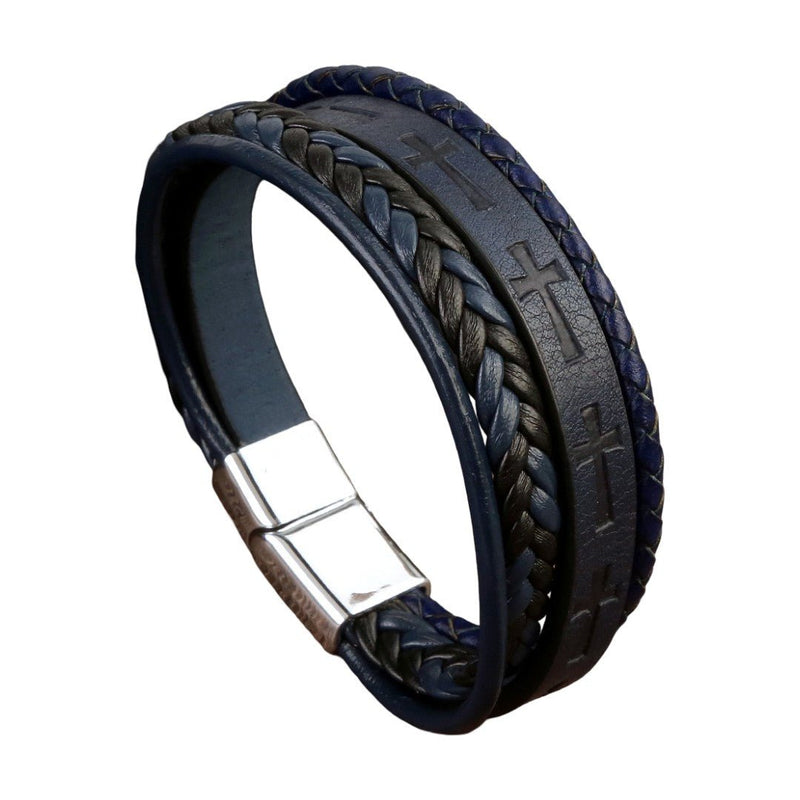 Bracelet cuir tressé multi rangs avec croix, fermoir magnétique acier, style masculin affirmé, modèle Yadère
