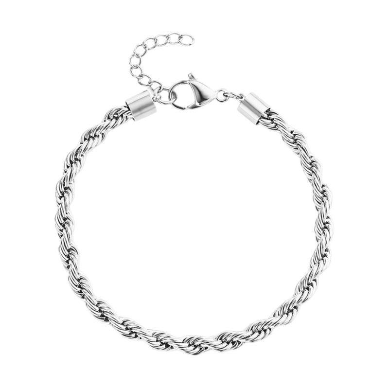 Bracelet de cheville femme en acier inoxydable argenté à maille torsadée fine avec fermoir mousqueton.