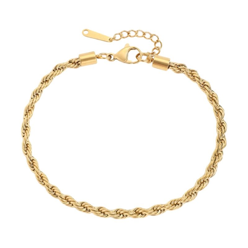 Bracelet de cheville en acier inoxydable doré, maille torsadée fine, fermoir mousqueton avec chaîne d’extension.