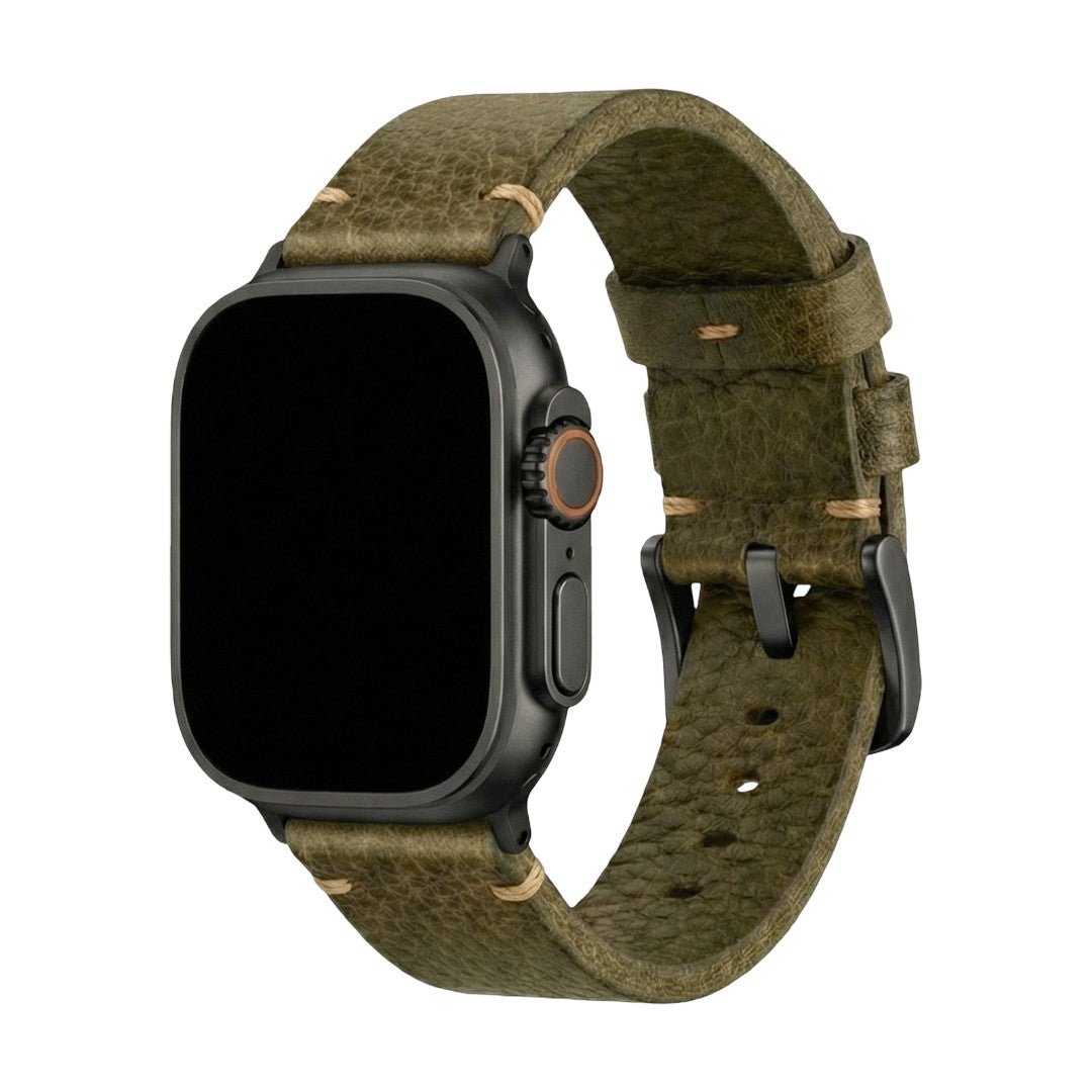 Βραχιόλι Apple Watch από γνήσιο δέρμα με υφή, σε απόχρωση ελιάς, με ατσάλινη αγκράφα, μοντέλο Gustave