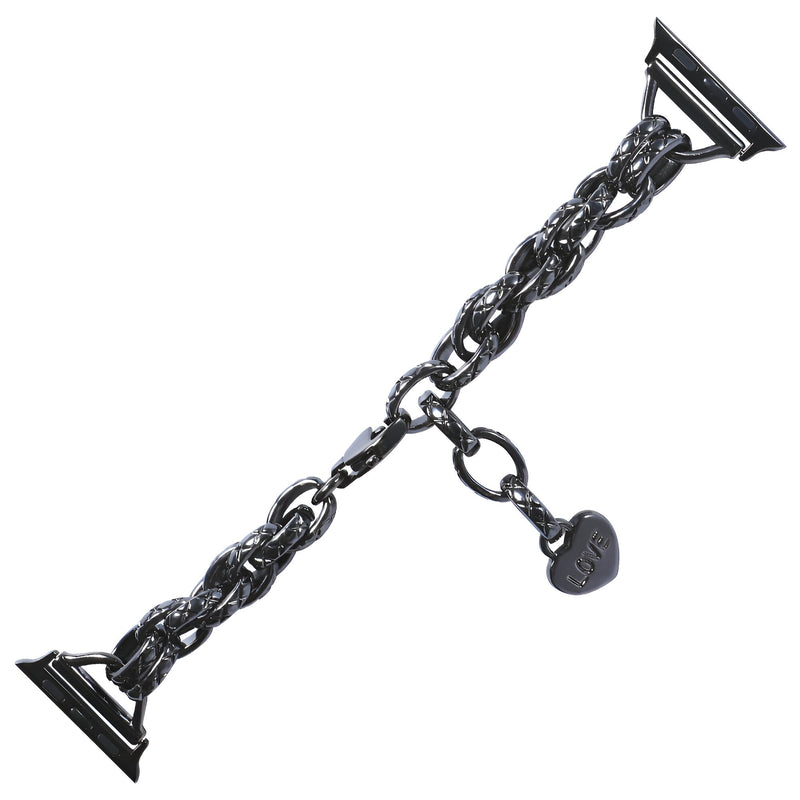 Bracelet Apple Watch noir à chaîne épaisse avec pendentif cœur gravé et fermoir réglable.