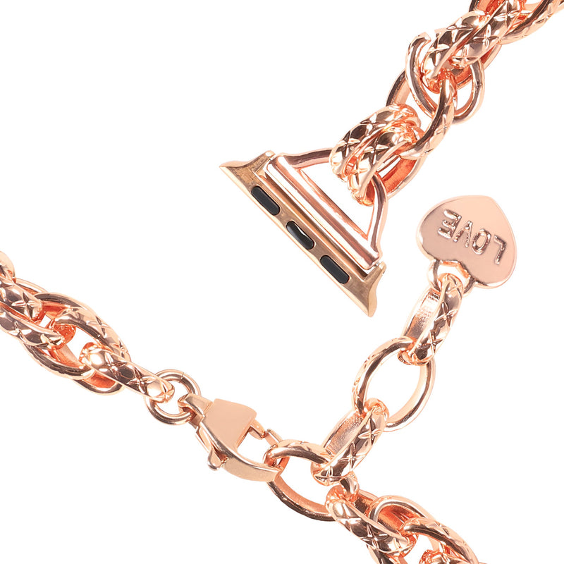 Bracelet chaîne or rosé pour Apple Watch avec pendentif cœur rond gravé "LOVE".