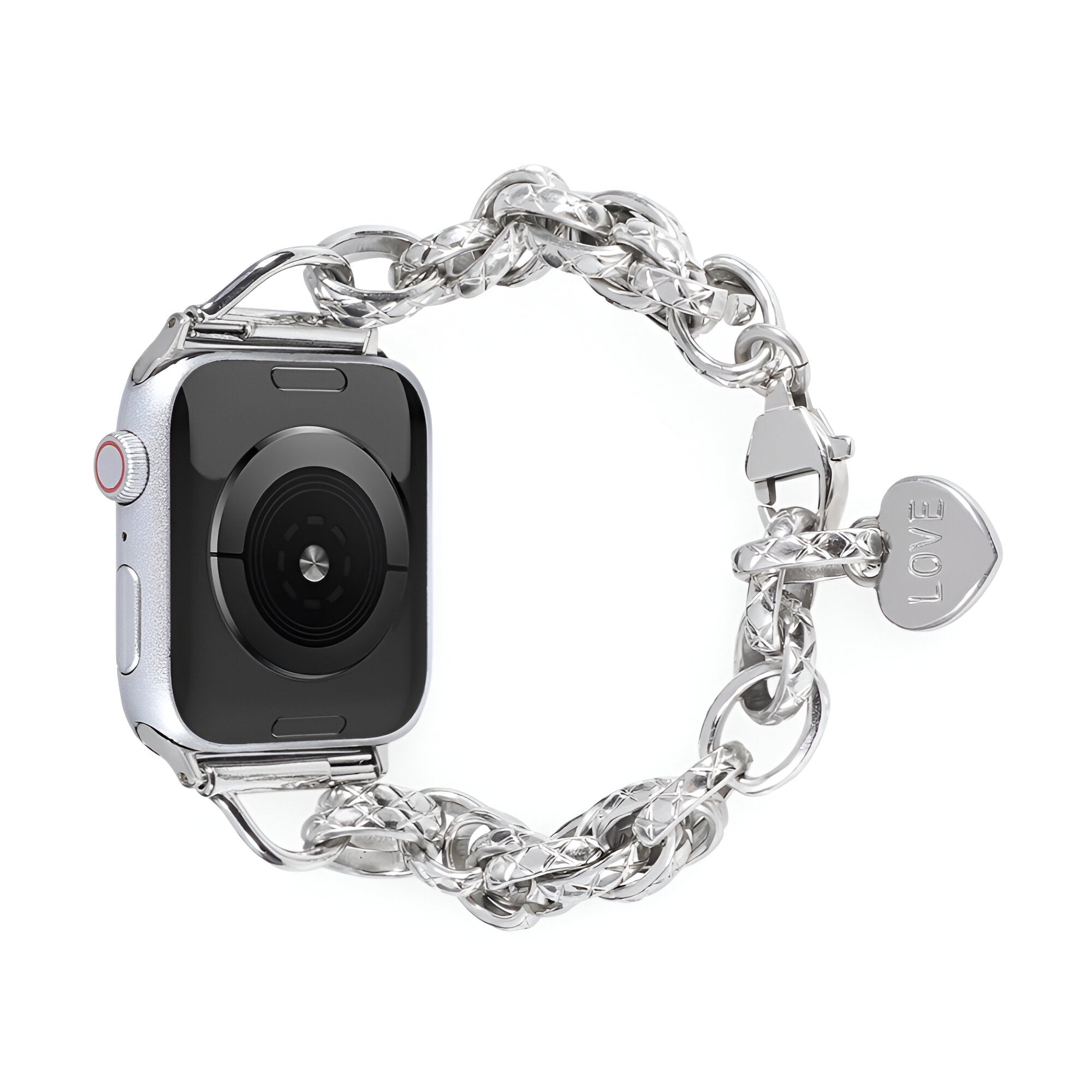 Bracelet chaîne argenté avec pendentif cœur pour Apple Watch, taille 38-42 mm.