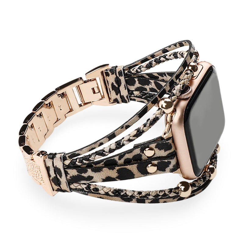 Bracelet Apple Watch femme modèle Mélona motif léopard strass dorés et cuir fin noir élégance.