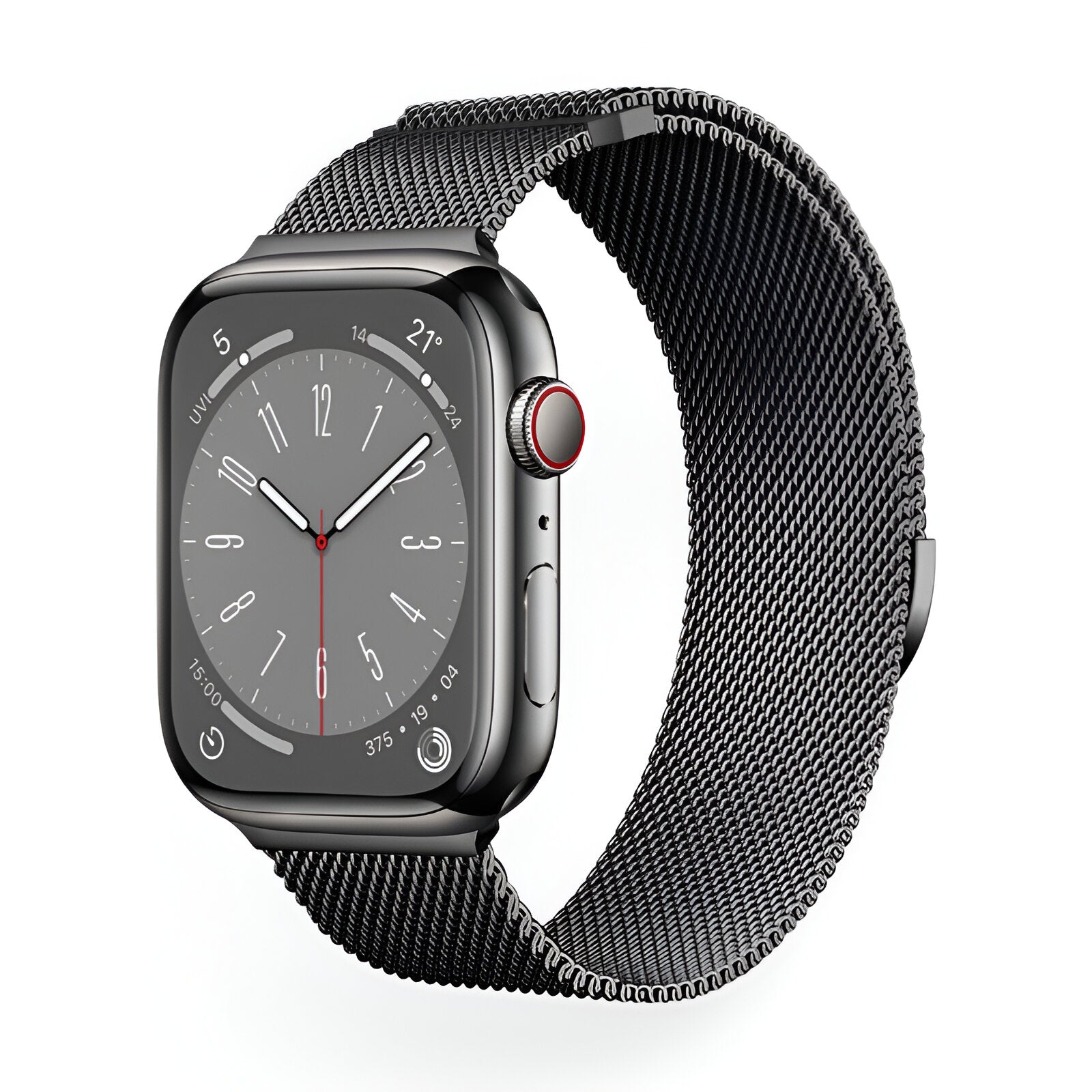 Bracelet Apple Watch en acier inoxydable noir maille milanaise, modèle Vyrn, mixte, ajustable.