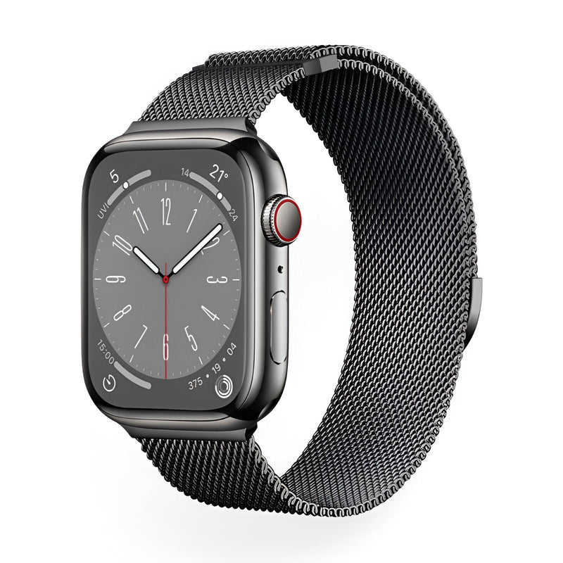 Bracelet Apple Watch en acier inoxydable noir maille milanaise, modèle Vyrn, mixte, ajustable.