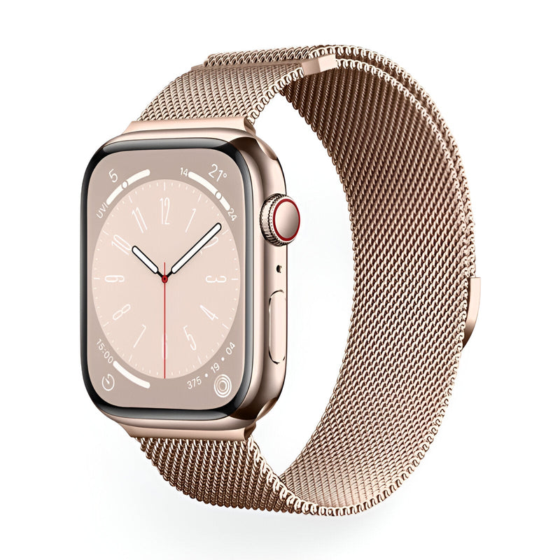 Bracelet Apple Watch en acier inoxydable or rosé maille milanaise ajustable, modèle Vyrn, mixte.