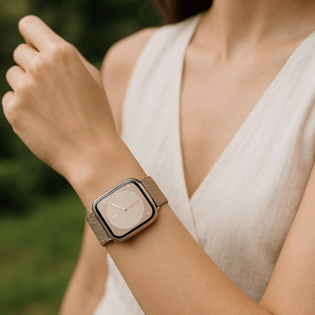 Bracelet Apple Watch en acier inoxydable couleur or rosé avec maille milanaise élégante, porté au poignet.
