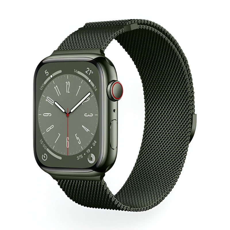 Bracelet Apple Watch mesh en acier inoxydable gris foncé, taille ajustable 44-49 mm.