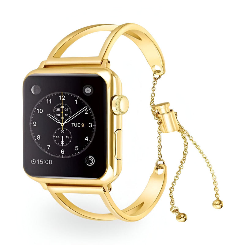 Bracelet pour Apple Watch en acier inoxydable or, style maille fine avec fermoir coulissant réglable.