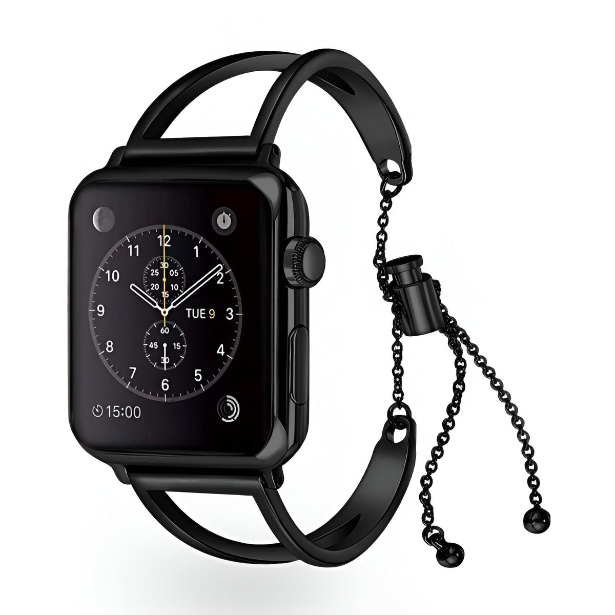Bracelet Apple Watch en acier inoxydable noir avec chaîne réglable pour femme, modèle Graciela.